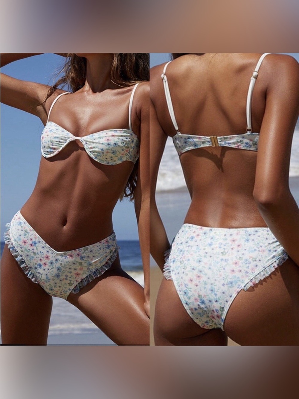 MINKPINK Swim Floral Ruffle Bikini Bottom NWT Size Large Pastel‎ Cottagecore